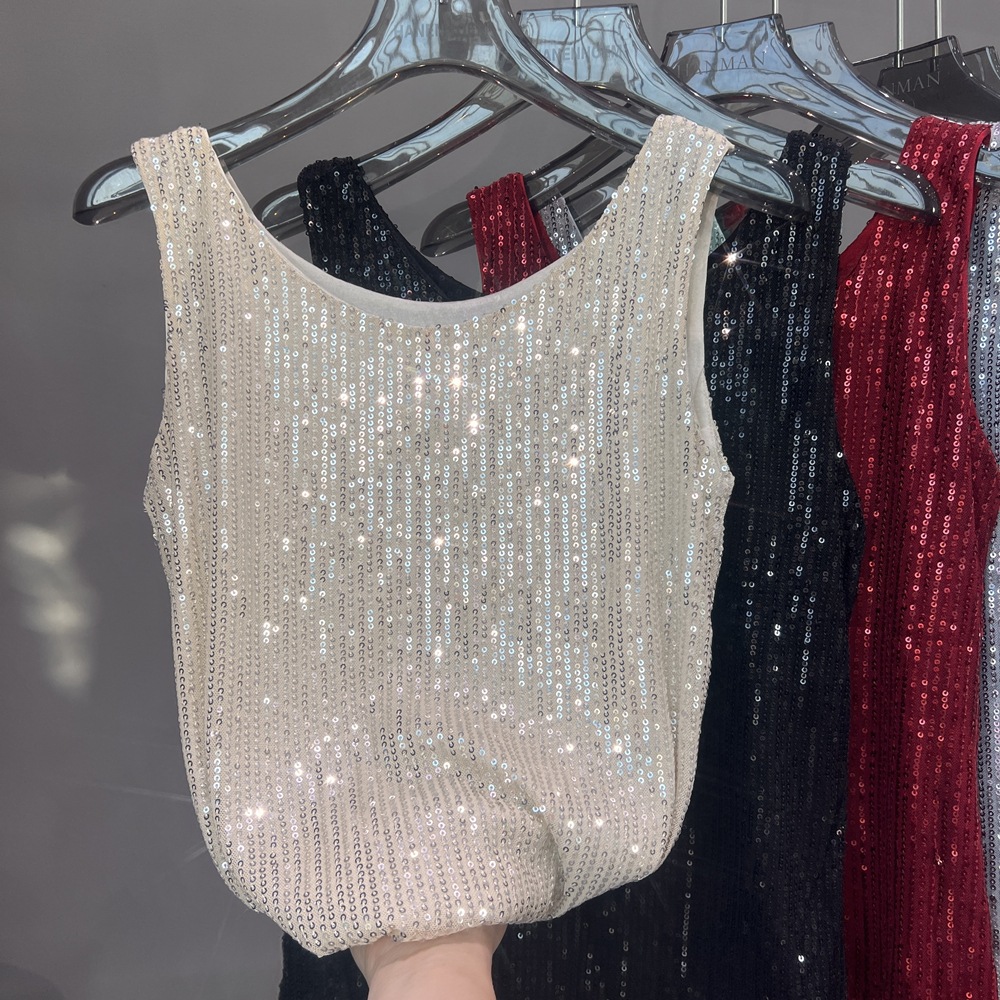 Sleeveless top with sequined camisole vest无袖上衣吊带背心女