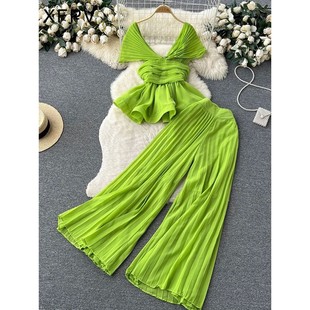 Chiffon top wide leg pants two-piece set上衣阔腿裤纯色两件套