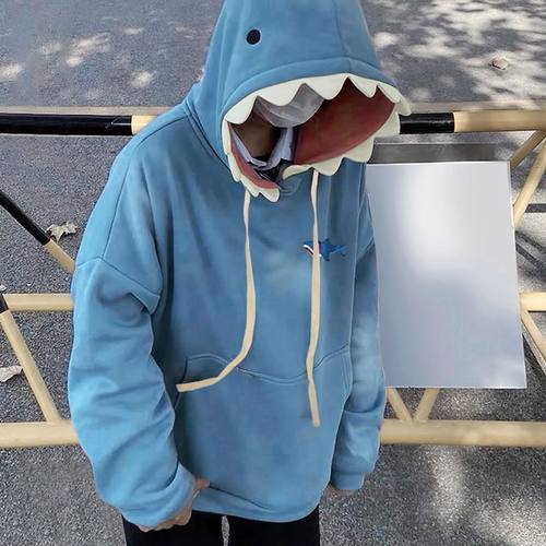 Shark hat with plush loose hoodie women 鲨鱼帽加绒宽松连帽衫