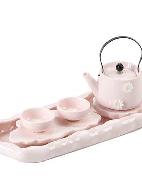粉色捏花夫茶具小套装日女士小型家泡茶壶茶杯陶瓷蓄式水茶功NHTZ