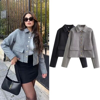 Flip collar single breasted long sleeved jacke单排扣长袖外套