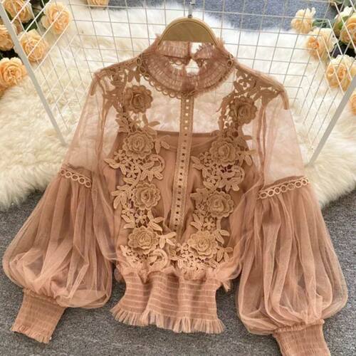 Perspective mesh lantern sleeve slim top网纱灯笼袖修身上衣女