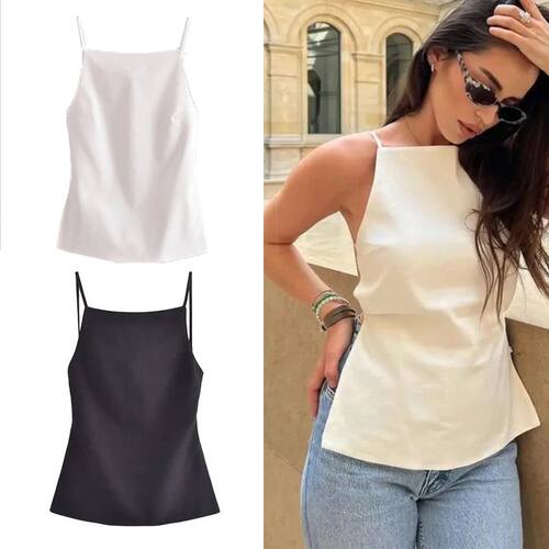 Solid color backless waist cinched top纯色平口露背收腰上衣女