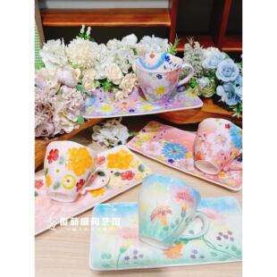 F14新濑户烧长盘托盘陶瓷釉下彩色手绘杯碟套装荷花杯水杯果汁杯
