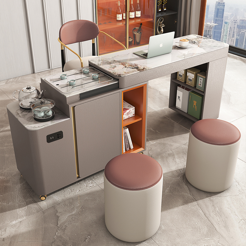 可移动伸缩茶台家用阳台小型茶车烧水壶一体轻奢U岩板茶桌椅组合