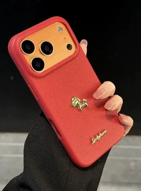 立体金马适用苹果17promax手机壳iphone16pro马年新款新年荔枝纹Air高档皮质15防摔14女iPhone17高级感13黄色