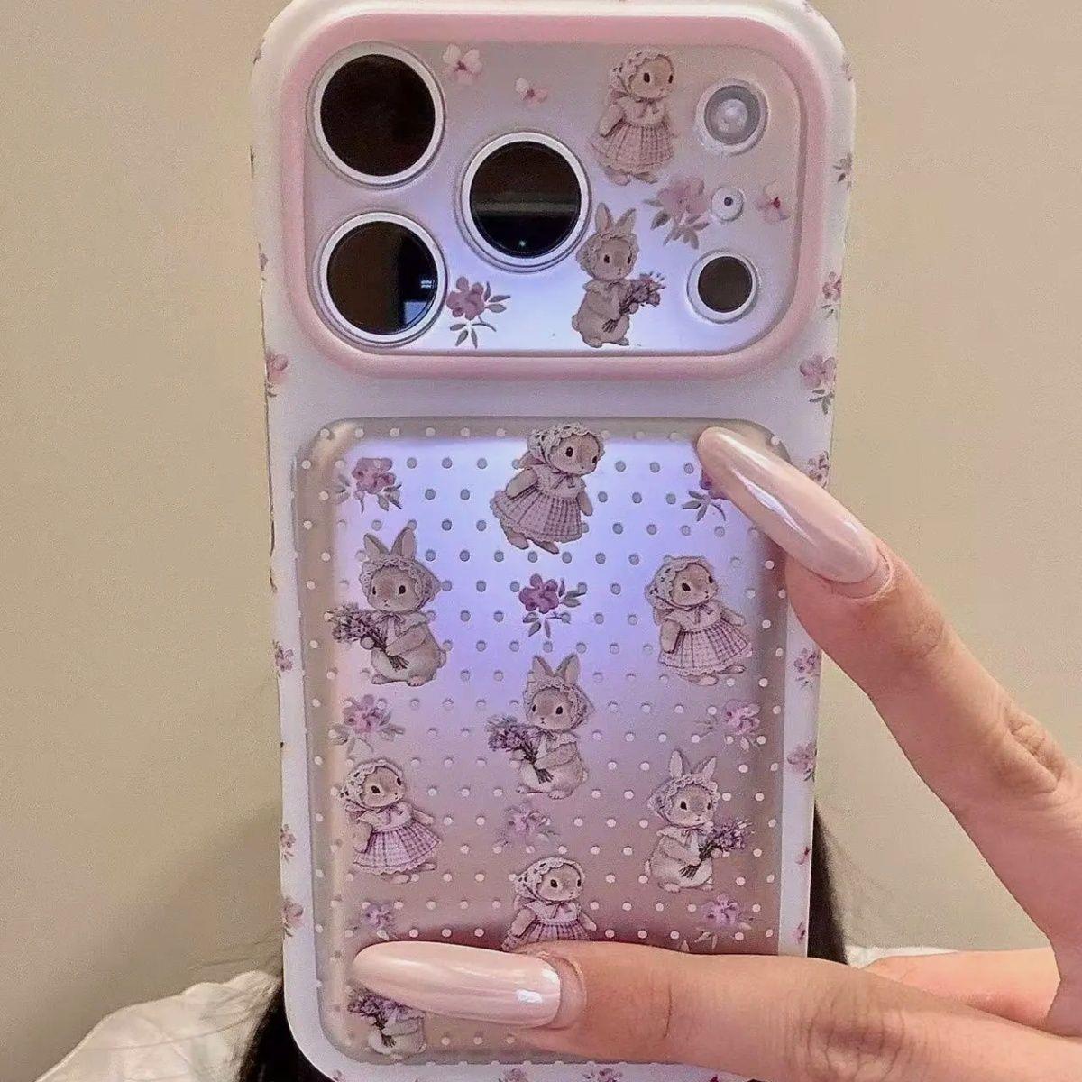韩风ins紫色波点碎花兔子毛球手腕带适用iPhone18promax手机壳苹果17pro新款15大视窗14女16双层17防摔保护套