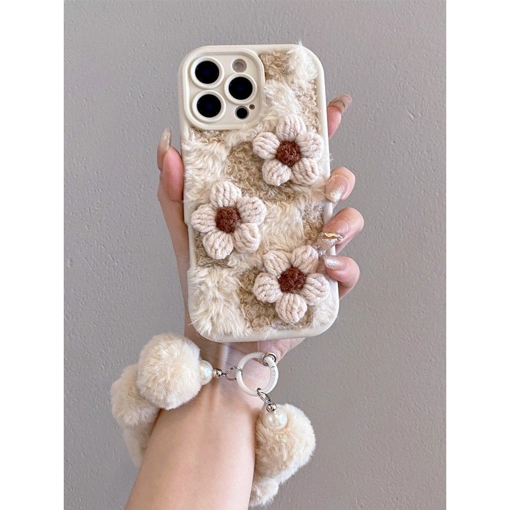 ins立体毛绒花朵适用iPhone16苹果17promax手机壳简约15pro秋冬13新款12女款14plus创意8p/xs/xr/xsmax防摔软