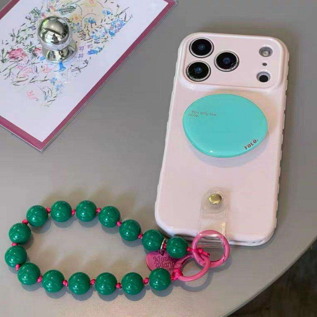 韩系ins风少女淡粉色英文支架适用苹果17promax手机壳串珠手链iphone16pro新款15女款14简约纯色小众13软壳