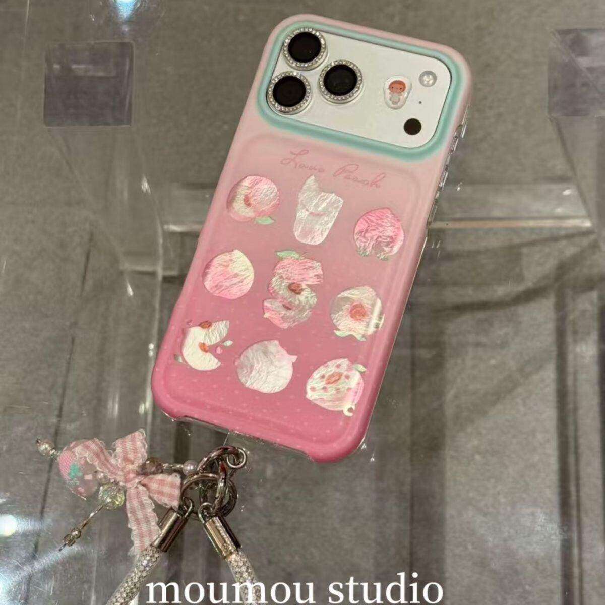 韩系粉色桃子饮品适用于苹果iPhone17promax保护套渐变色卡通图案手机壳16pro便捷女款15pro防摔壳套高颜值壳