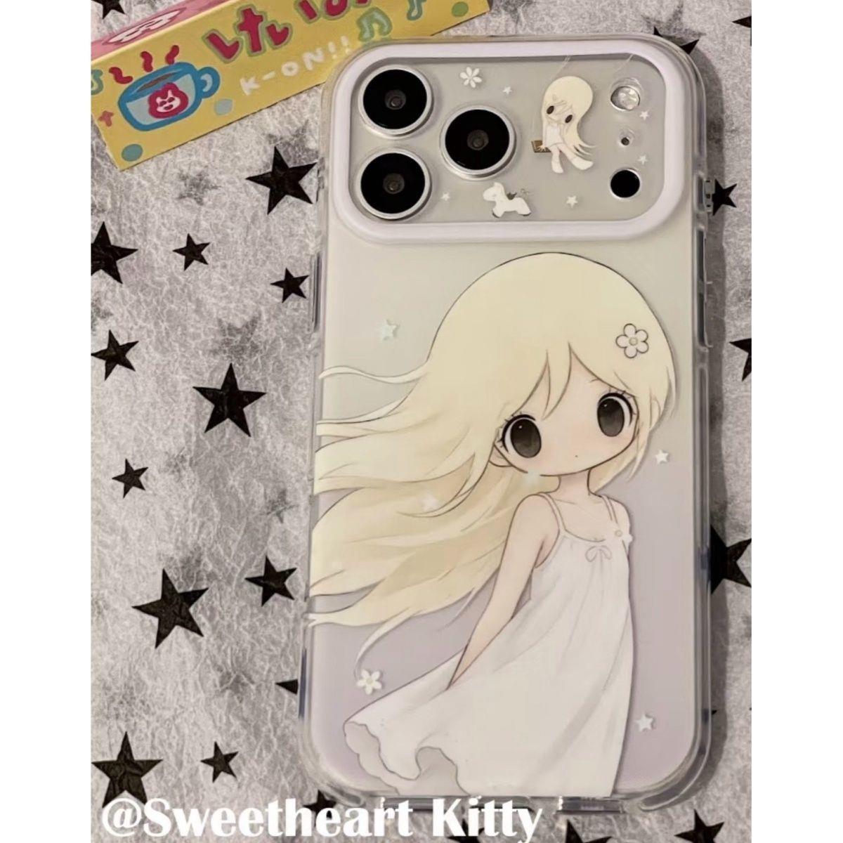 日韩高级感ins渐变黄发白裙子女孩适用iPhone15苹果16手机壳17promax全包iPhone13防摔保护套16promax个性潮