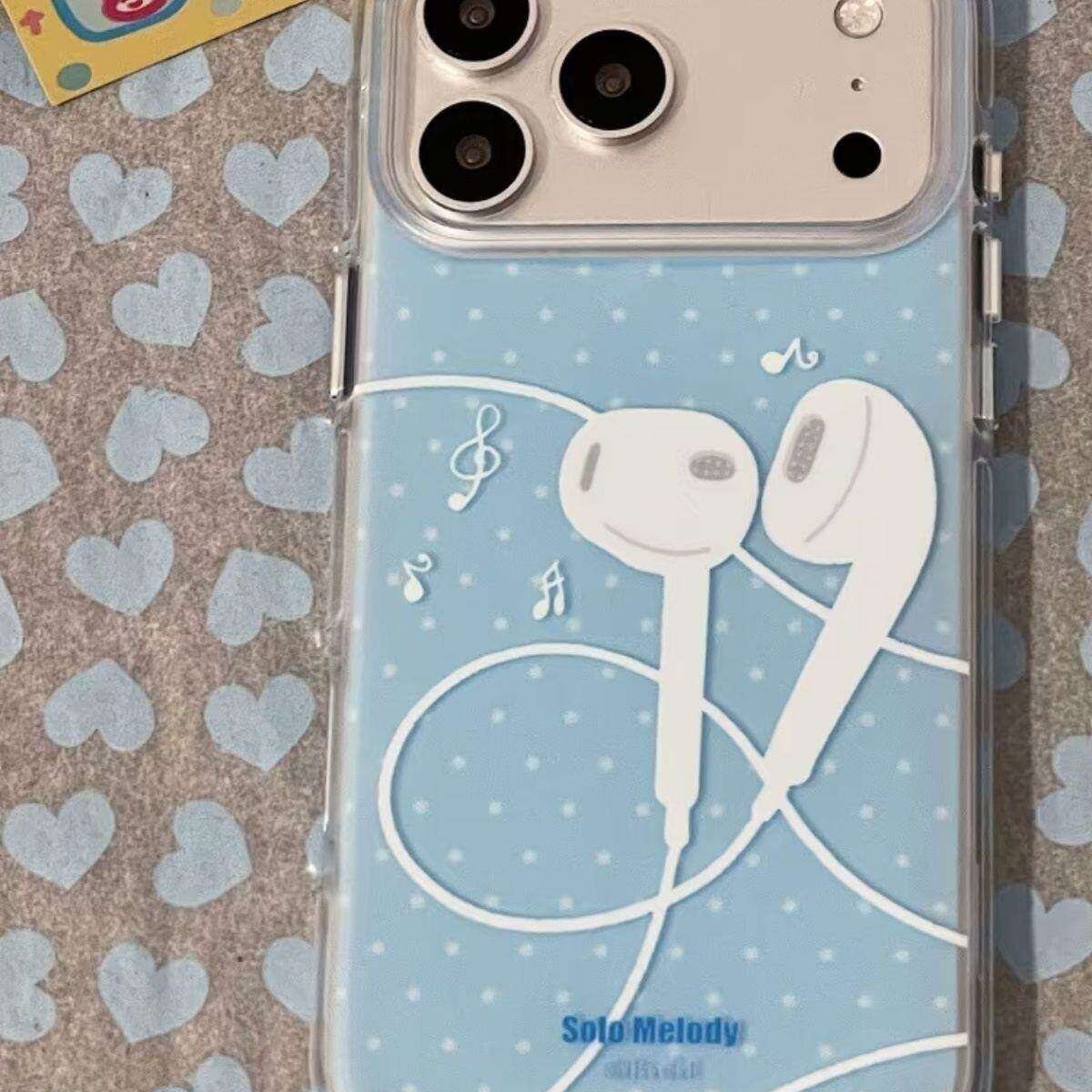 ins古早蓝色有线耳机适用iphone17promax苹果16手机壳15可爱防摔