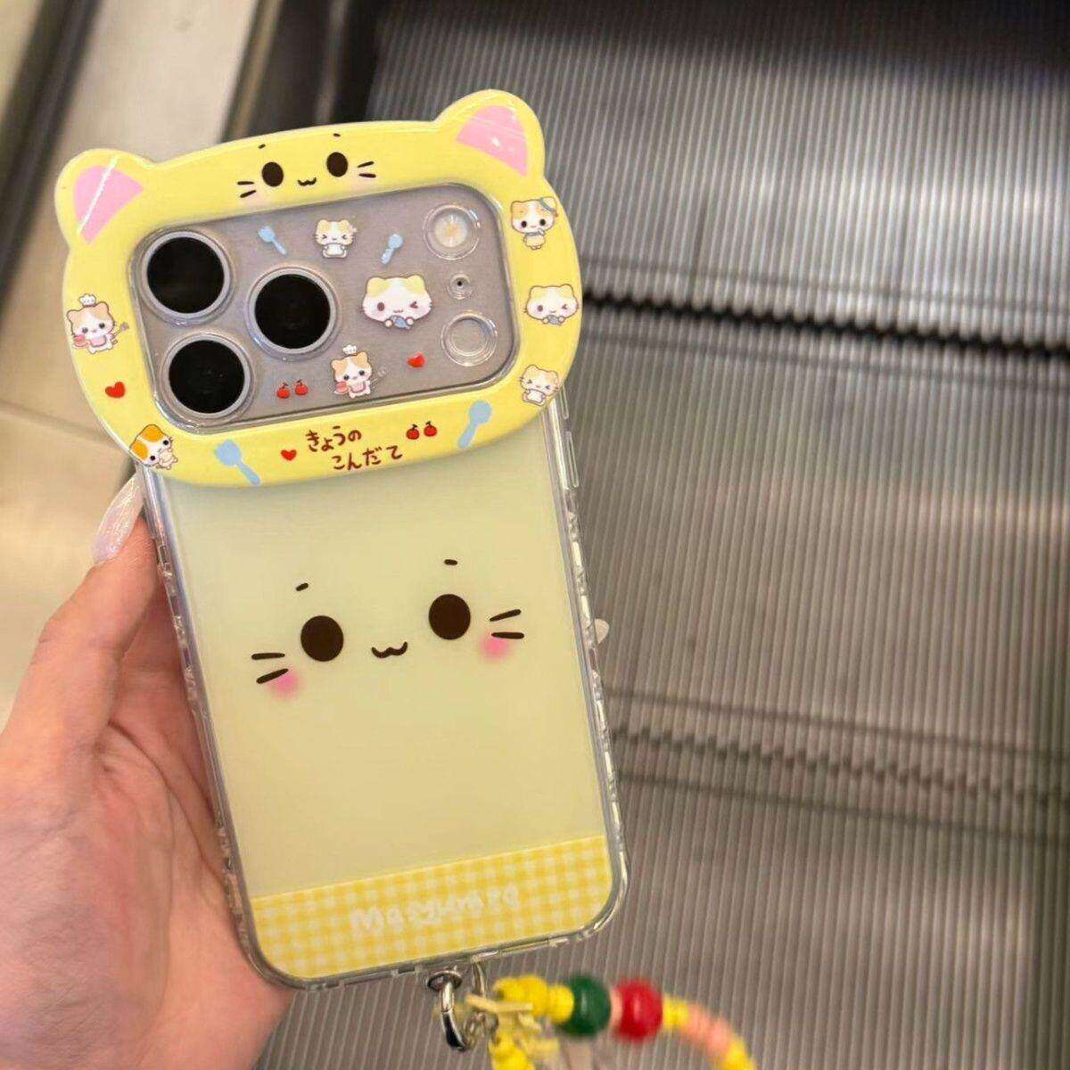 韩系简约黄格纹猫咪表情挂链适用苹果17promax手机壳iPhone15新款14高级感16时尚13网红15Pro防摔14Pro新款潮