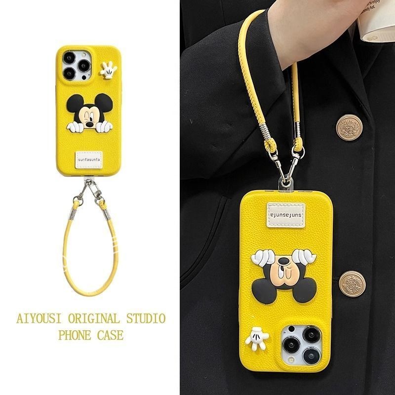 卡通立体公仔手掌手提适用于苹果13pro手机壳15promax标签可爱iPhone16皮质防摔14promax新款趣味斜挎