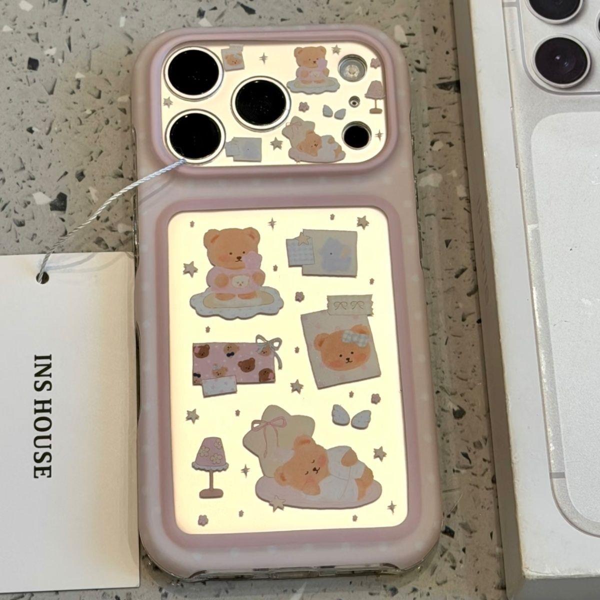 韩系少女ins银底粉边可爱小熊壳适用于苹果18promax手机壳iPhone17新款17promax少女心18pro全包防摔套16pro