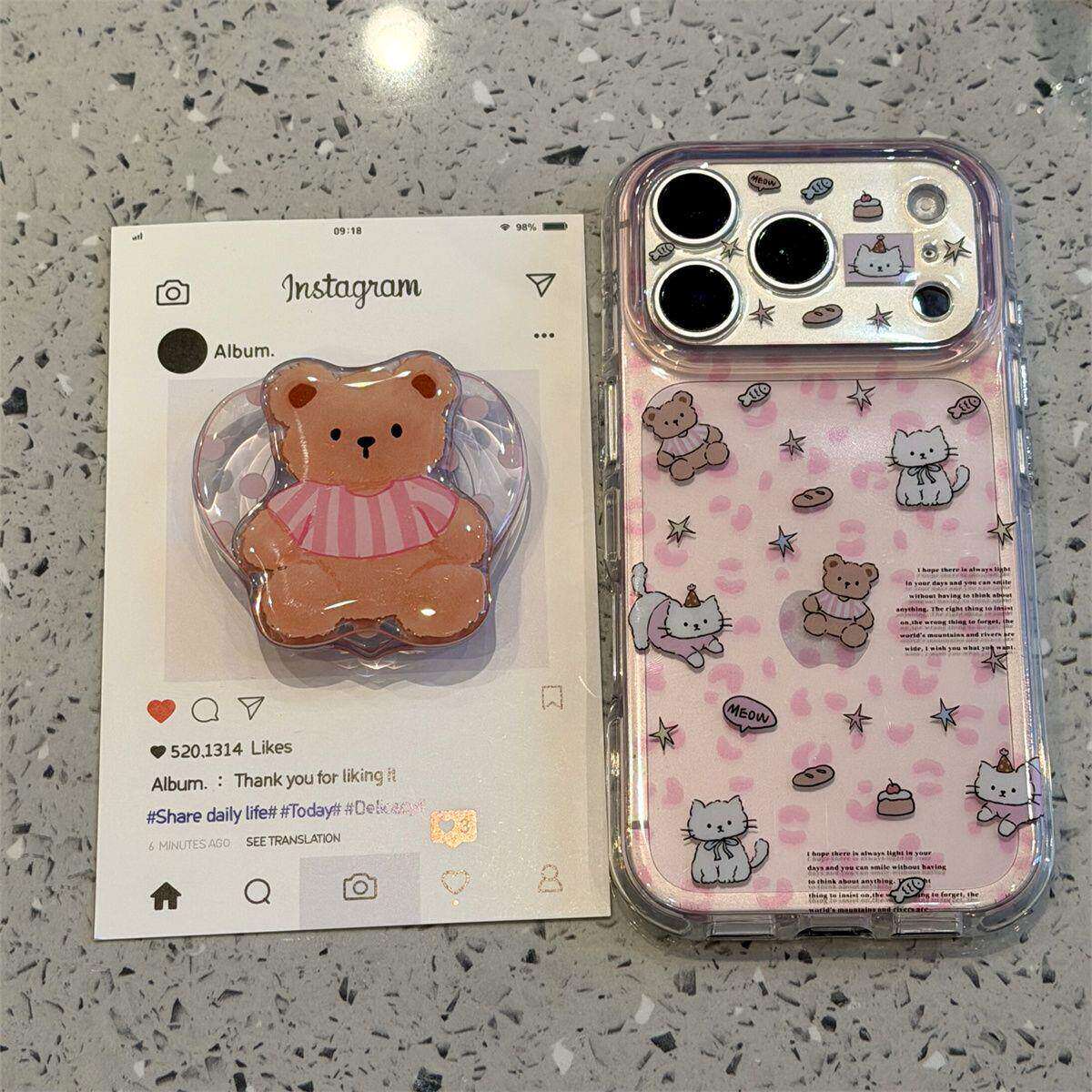 ins日韩风粉色豹纹卡通适用苹果17手机壳iphone16promax高级感17pro保护壳硅胶15新款防摔全包带支架女款软壳