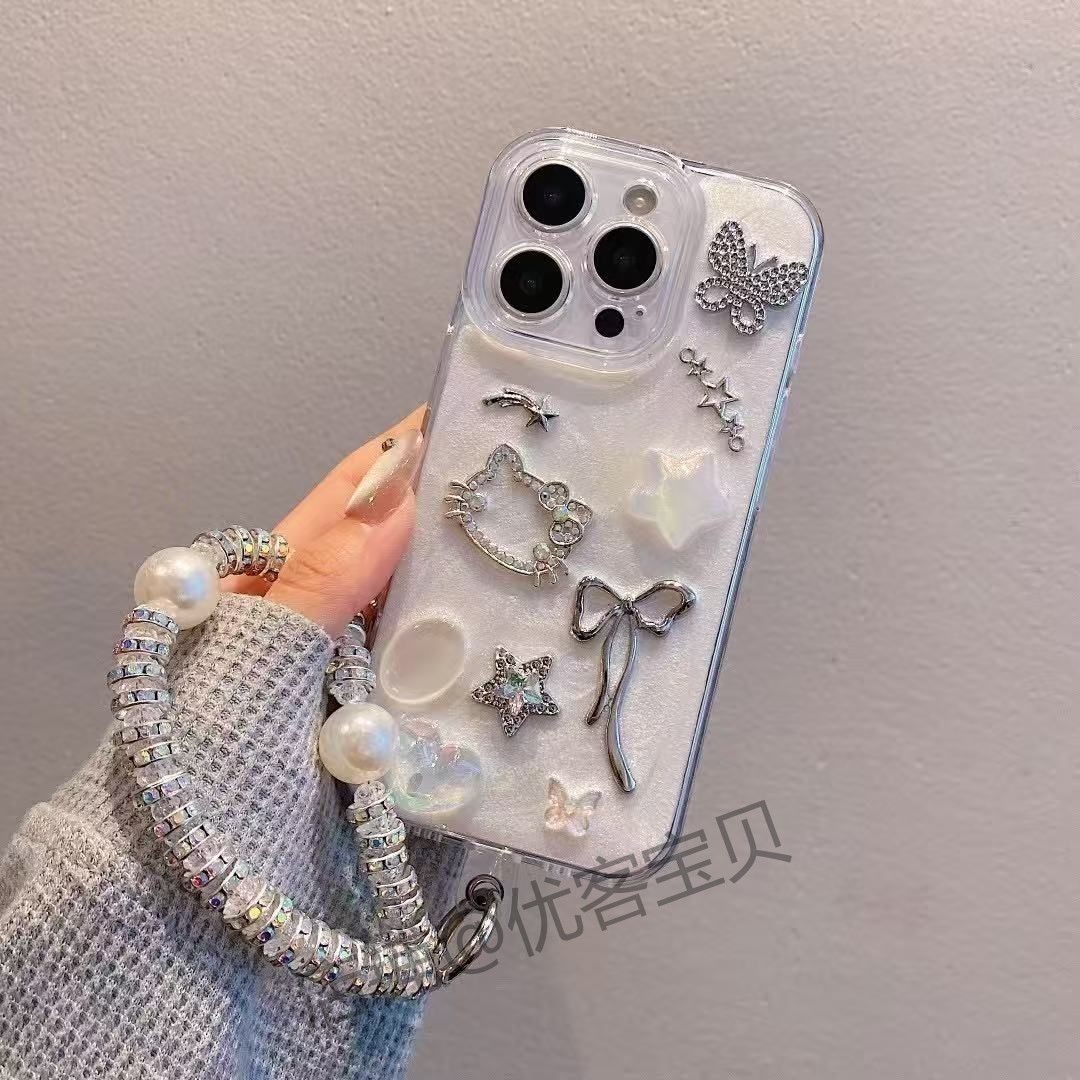 宝石kt猫适用苹果16手机壳iphone15promax水钻14立体13闪粉12日韩11pm挂链ip滴胶por高级感手提新款全包防摔p