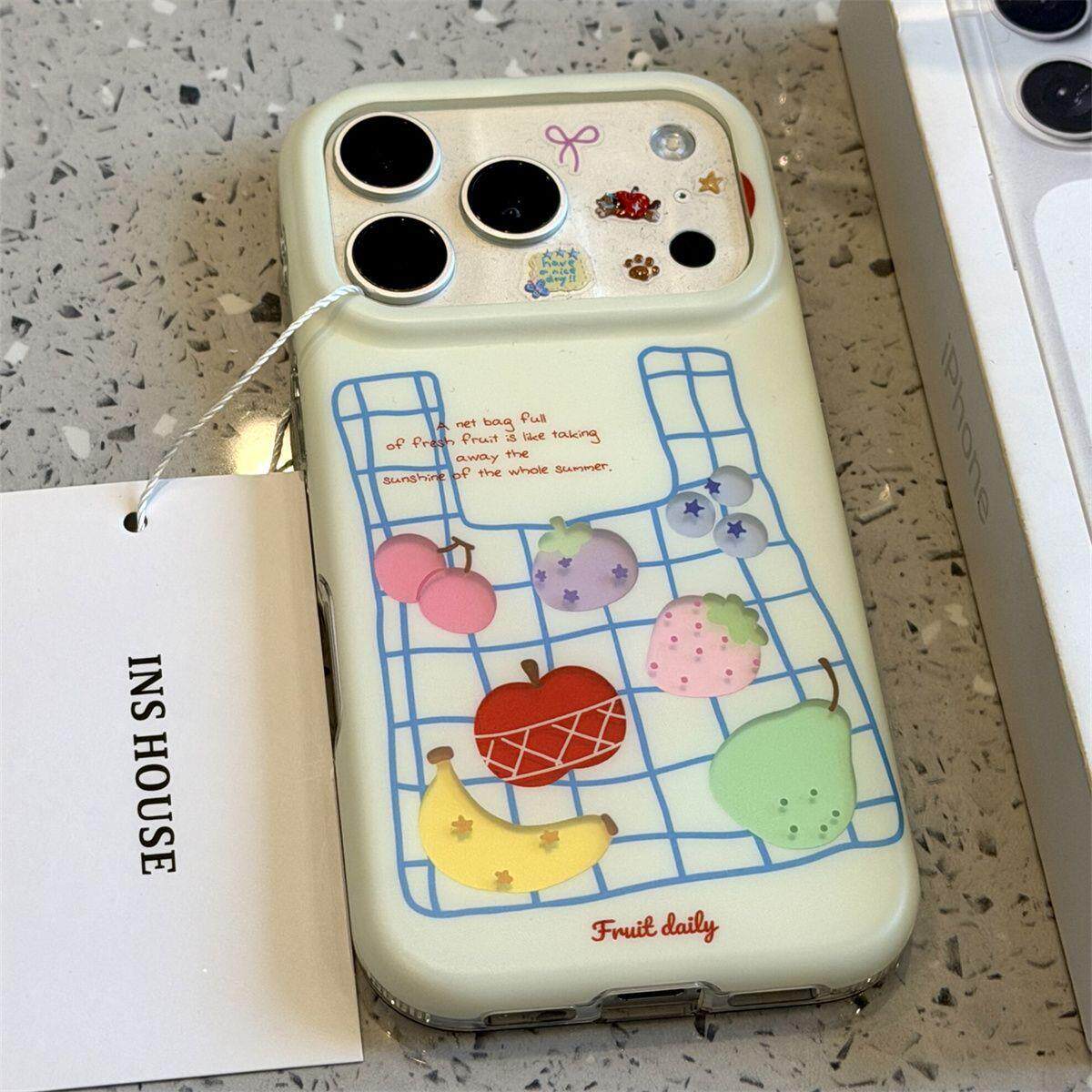 日韩简约蓝网格袋子水果适用于14promax苹果16手机壳全包边女款iPhone17防摔保护套16promax个性iPhone15小众