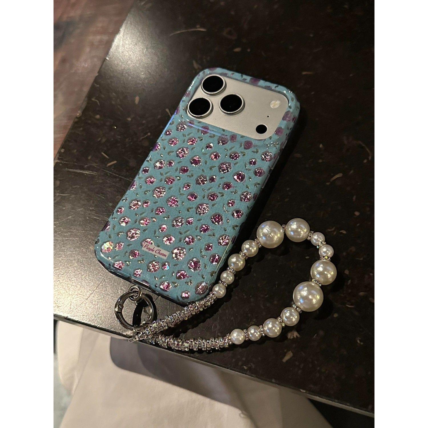 文艺蓝底绿叶粉玫瑰适用苹果17promax手机壳iphone17新款16pm少女15p手链16pro唯美风15防摔17Pro全包保护套