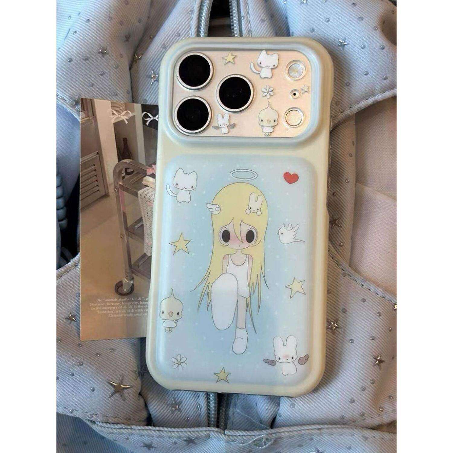 ins夏日蓝色系黄发女孩适用苹果17promax手机壳16promax新款iphone17女款16带链条15pro全包防摔手机套