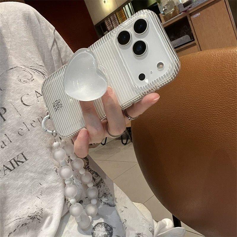 韩系ins风简约白色条纹适用iPhone17promax手机壳苹果16pro爱心支架15pro挂绳防摔新款17pro保护套