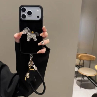 个性ins风黑绒布水钻黑银马适用苹果iphone17promax手机壳16proma