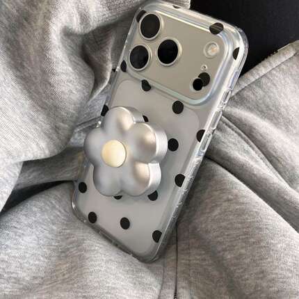 简约ins透黑波点银花朵支架适用于iPhone17promax新款苹果16手机壳15小清新日韩个性创意14防摔保护套