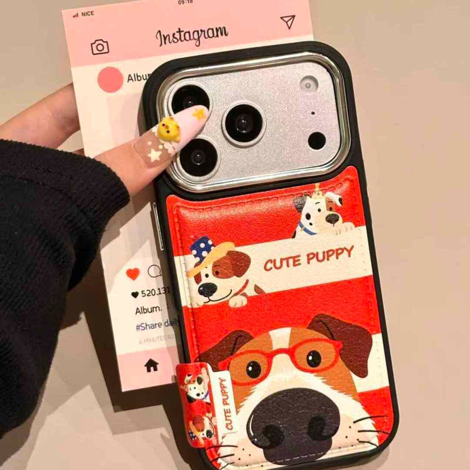 韩系可爱卡通小狗适用iPhone17ProMax手机壳皮质秋冬款男生苹果16pro新款15PRO女款小众13硅胶14防摔全包软壳