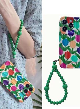 彩色花朵绿色弹力手链珠适用于iPhone15promax挂绳手腕苹果14pro全包13防摔12软