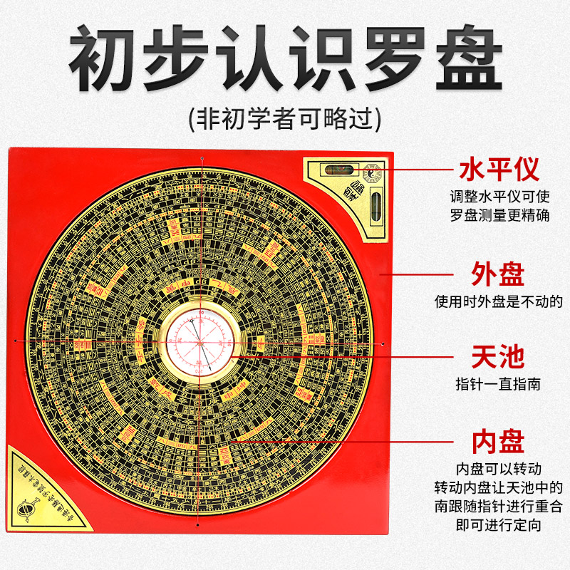 速发罗盘高精度纯黄铜综合指南针三元三合大盘初学者高级罗经摆件
