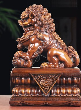 速发仿木雌雄狮子摆件大号一对复古中式家居客厅玄关装饰招财摆设