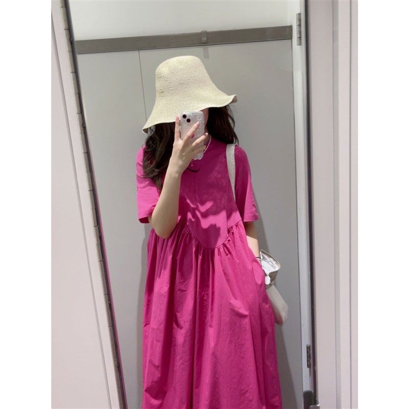 速发法式高休感玫红色连衣裙夏装小众设计季大码级闲裙子