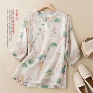 速发中国复风古禅衣茶服上意夏棉麻印花七分袖 宽松套头衬衣
