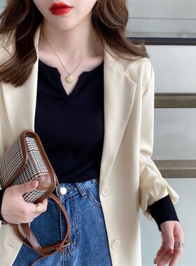 速发针上打底衫秋冬202早秋新级织衣黑色高款感v领毛衣秋装