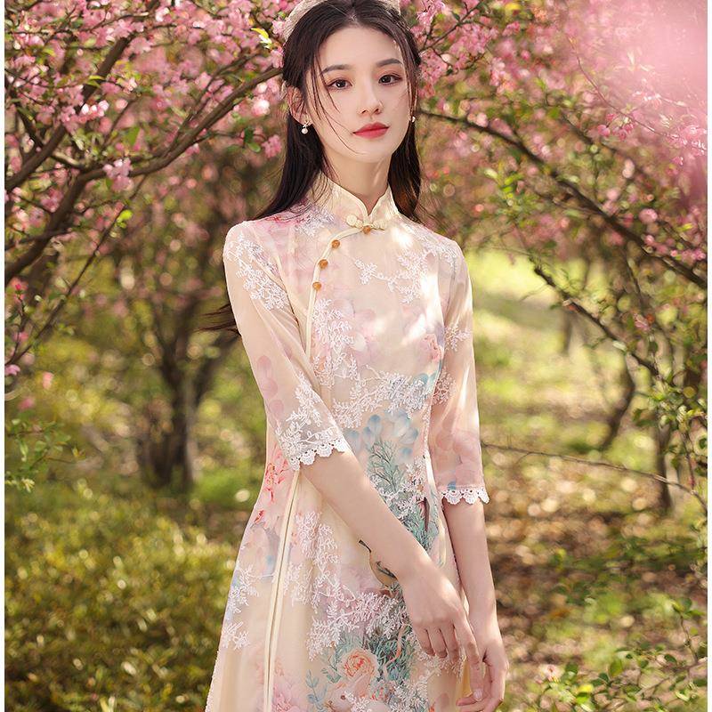 旗袍2023年新款女夏季素雅复古改良版连衣裙奥黛中国风年轻款国潮