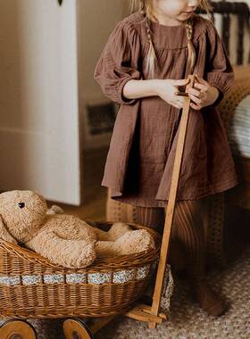 早秋北欧公主裙八分袖纯棉纱布中长裙女宝宝圆领后背纽扣连衣裙童