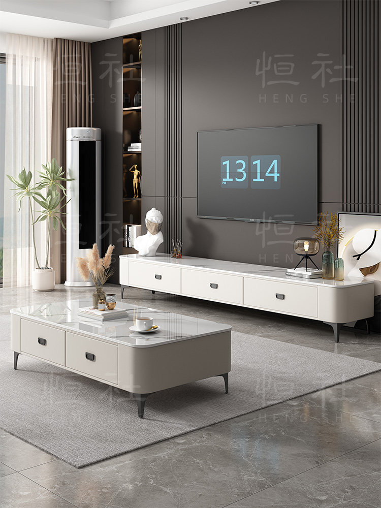 恒社石板咖啡桌客厅家庭小公寓2024全新现代简约茶几落地电视柜组