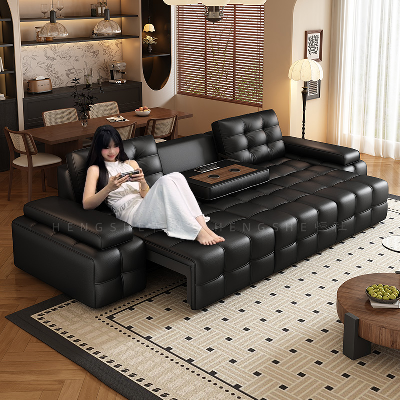 恒社意式极简头层牛皮功能沙发