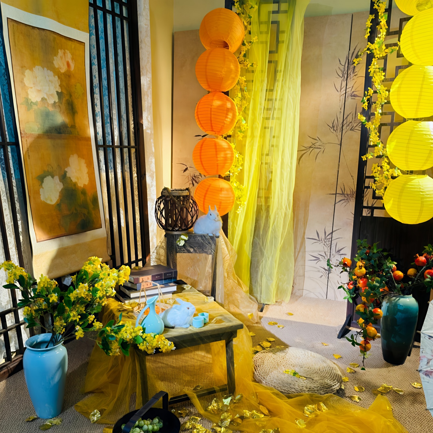 中秋玉兔主题仿真桂花枝树枝秋天