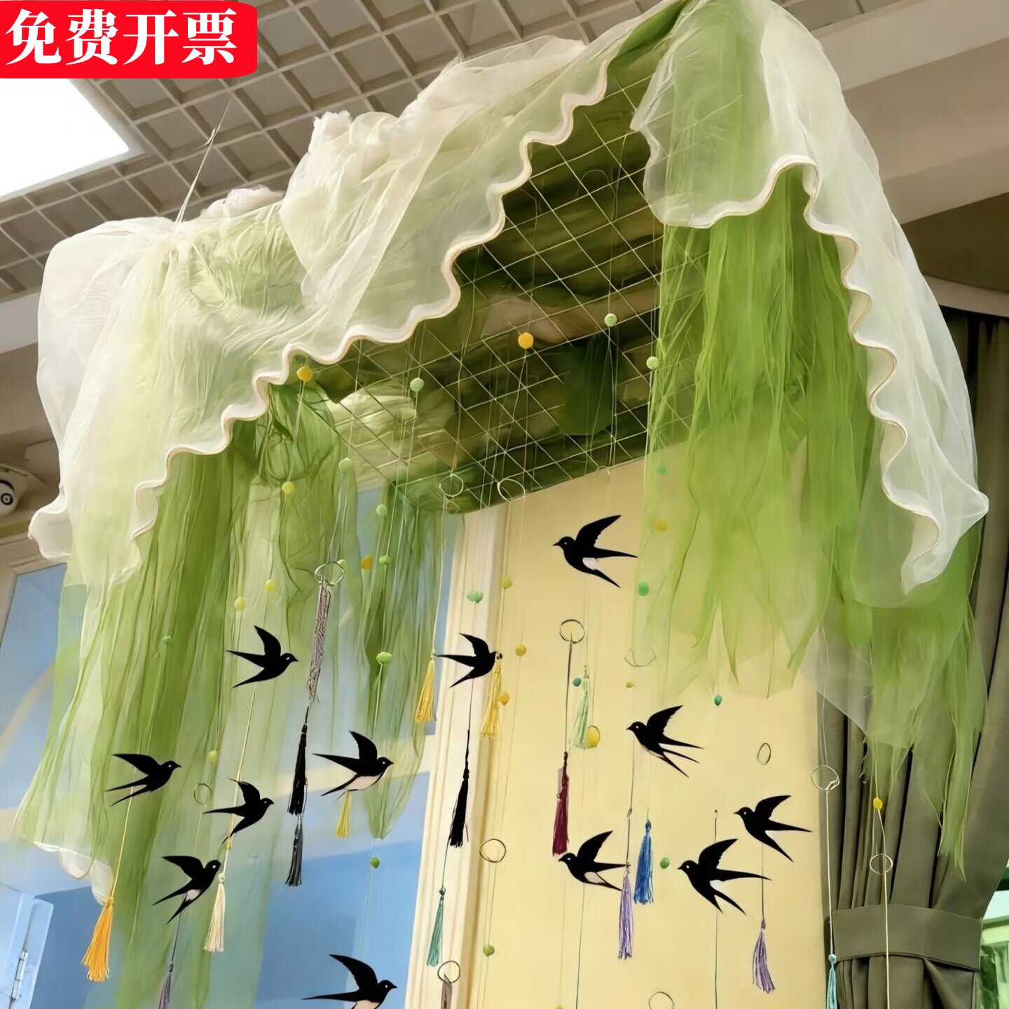 春天幼儿园美工区环创吊饰纱幔挂