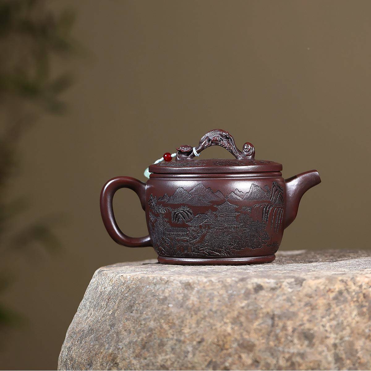 宜紫砂壶名兴家手原工制作矿石红泥大容ZHIFU-49观景汉量瓦泡茶壶