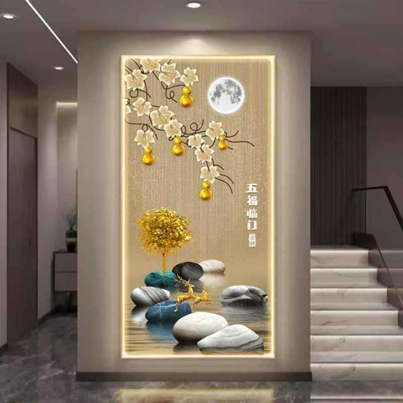 L玄关带灯装饰画景福字HS-09040晶瓷镶钻ED灯厅发光客福鹿入户走