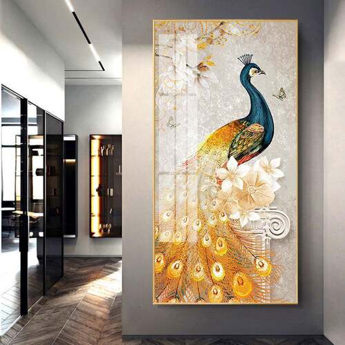 现代孔简雀约动物挂画VOU酒店走廊镶钻钻石挂画玄关过壁道晶瓷画