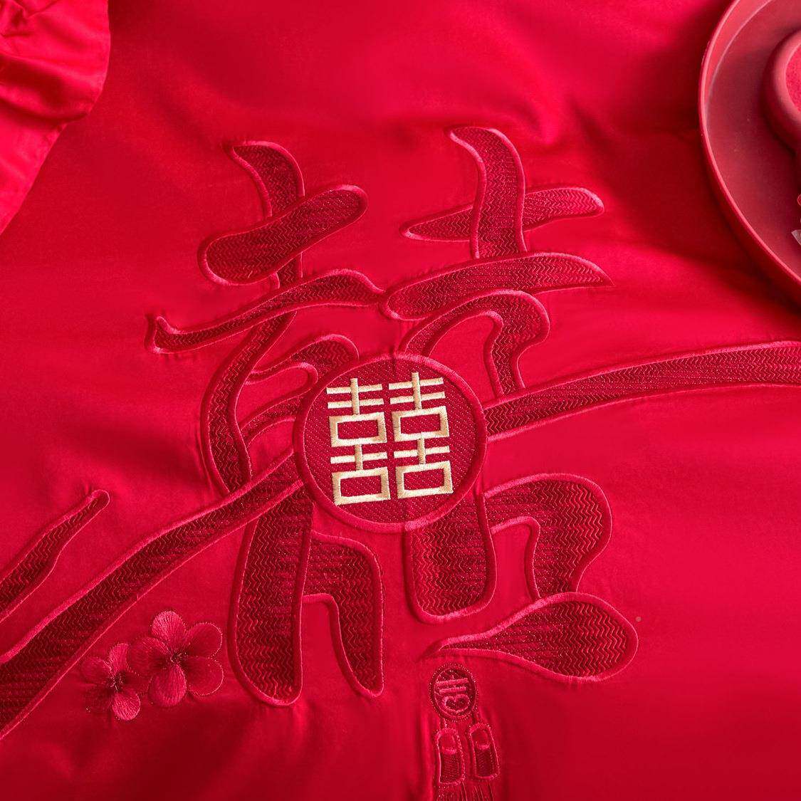 简床中F99HSM79式红色婚约四件套结婚纯棉喜庆庆陪嫁被套新婚礼上
