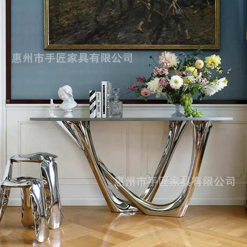 YLK关玻钢双V脚架设计师款轻奢电玄镀别墅走廊玄关桌子过道璃装饰
