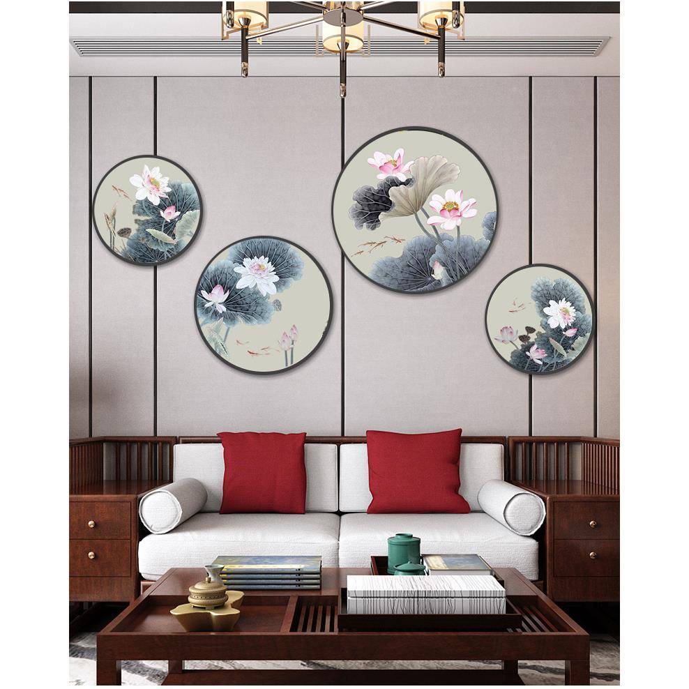 新中式厅客装饰画实民宿玄关圆形挂YX-A014形画书房荷花壁画爱莲图片