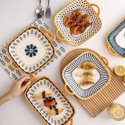 盘子网红高颜值餐盘创意双耳方盘水果盘加厚碟子家用菜碟ins昌弯