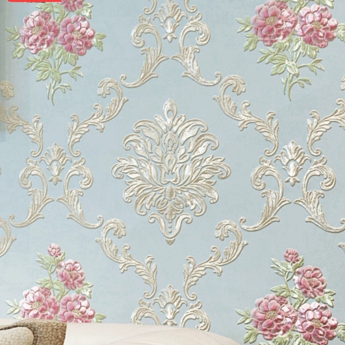 自粘无纺布墙纸欧式田园花3D立体精压温馨卧室客厅背景墙自贴壁纸