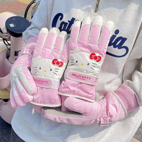 可爱kt猫滑雪手套女生冬季保暖防寒防水加绒加厚触屏防滑骑行手套