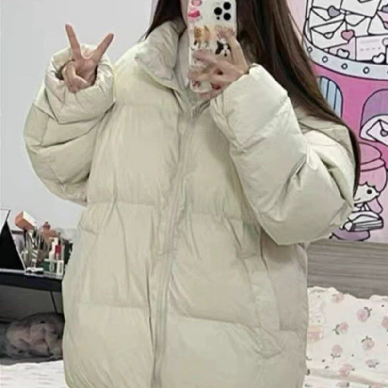 速发学院风白色立领棉服春季新款大码保暖棉衣外套宽松面包服潮